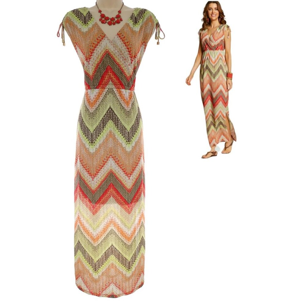 Chico's Size 2 =Large/12 CHEVRON PRINT KNIT MAXI DRESS Fall Bohemian Cottagecore